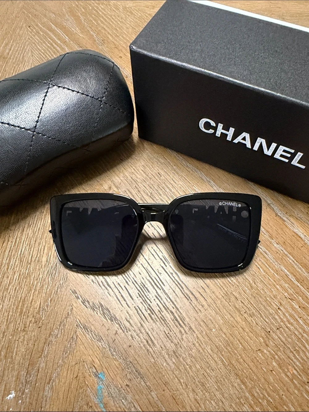 CHANEL Black Square Frame Sunglasses with Dark Lenses